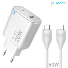 PROCO 2in1 Ladegerät 20W USB-C / USB-A (Kabel 60W USB-C auf USB-C)