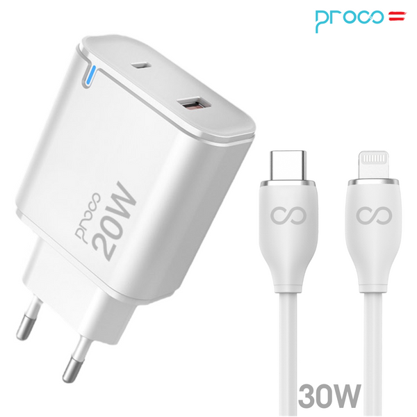 Cargador PROCO 2en1 20W USB-C / USB-A para iPhone (USB-C en iPhone)